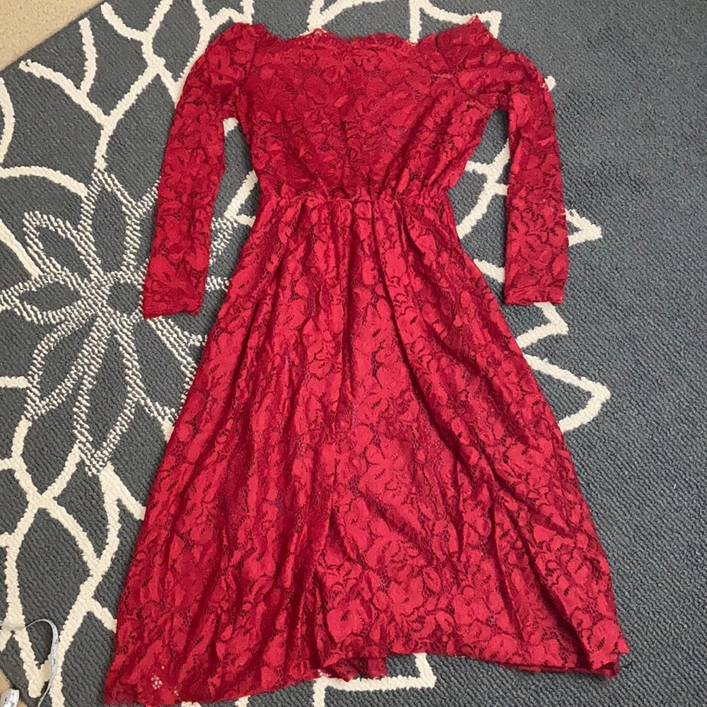Red Lace Midi Lace off the Shoulder Dress